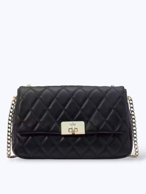 Kate Spade Black Carey Smooth Leather Medium Flap Quilted Turn-Lock Shoulder Bag